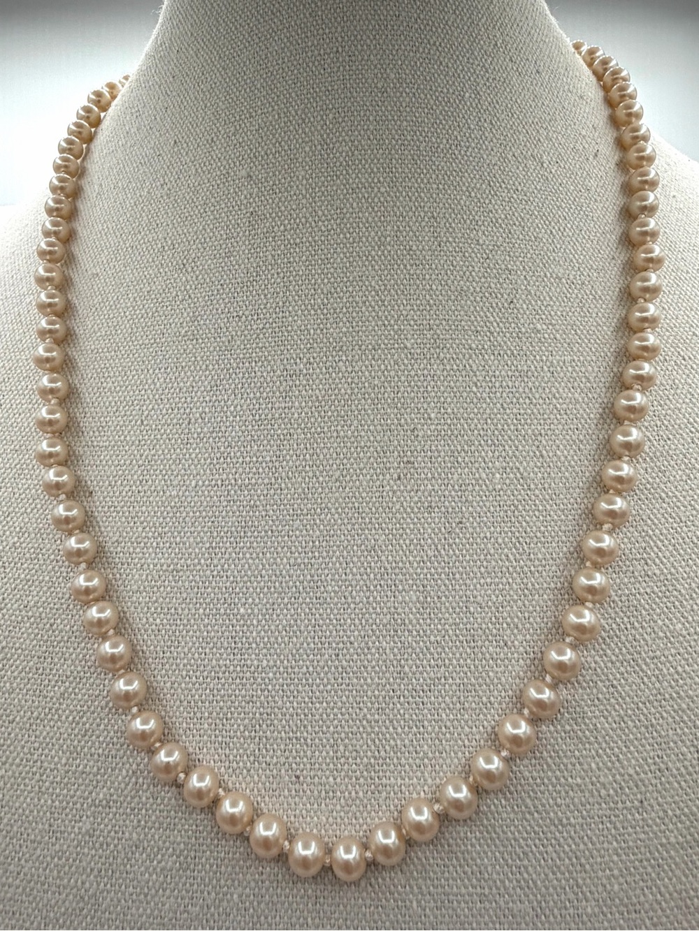 Pale Blush Pink Soft Champagne Glass Pearl Necklace Gold Box Clasp Hand Knotted